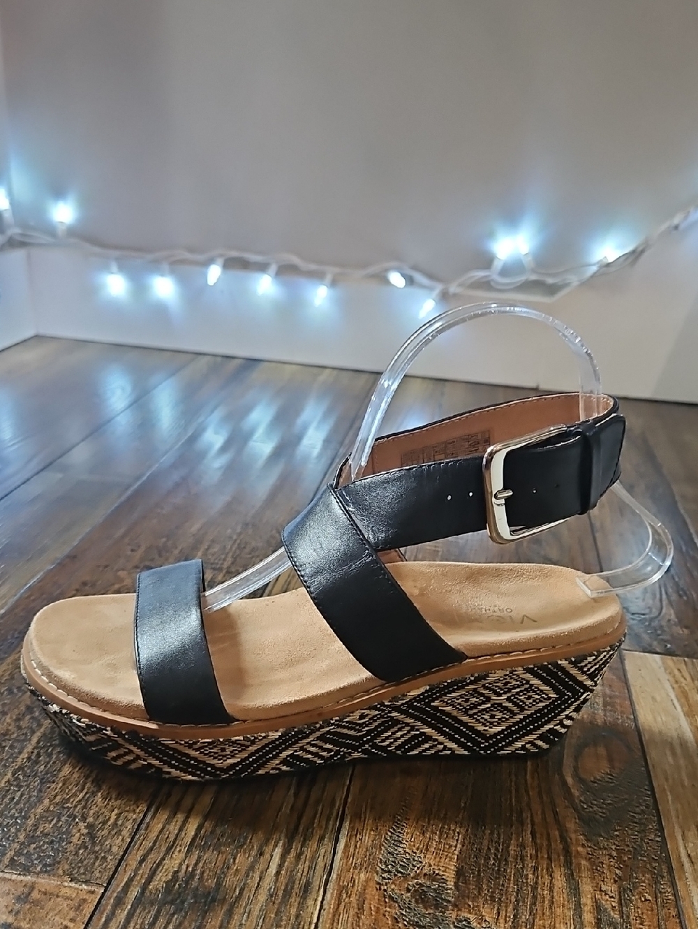 Vionic Black Strappy Wedge Sandals with Patterned Espadrille Heel
